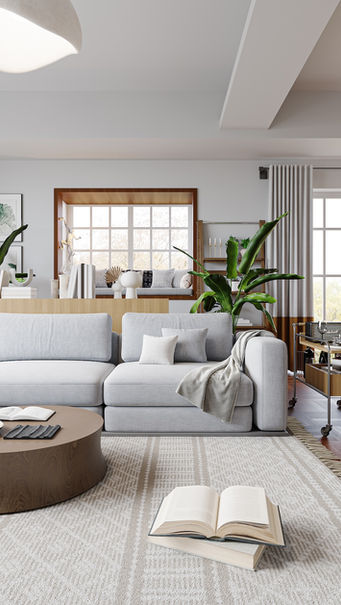 Mid-century style, cosy living room, round wooden coffee table, white patterned area rug, grey sectional sofa, French doors and French windows, wooden frame, large indoor plants, Eames chair, custom made curtain, King's Court, Residential interior design