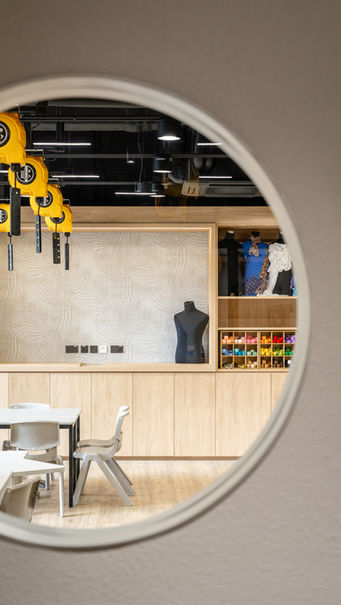 D&T Workshop, VSA, Kindergarten Design

Modern interior design studio featuring a creative workspace with sleek furniture, warm wooden accents, and vibrant decor elements. The room includes a mannequin and organized storage shelves, perfect for artistic projects. Ideal space for innovative design solutions and stylish studio inspiration.