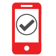Telefono rosso con segno di spunta grigio all'interno di un cerchio su uno schermo bianco