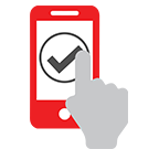Illustration of a red mobile phone with a gray hand pointing a finger at a black checkmark onscreen