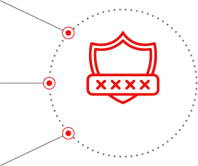 ícone de escudo vermelho com linhas e pontos vermelhos conectando-se a três outros ícones